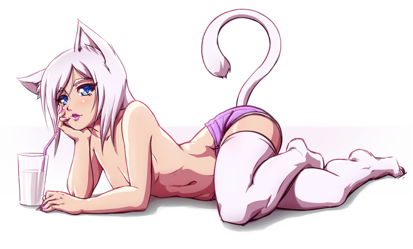 animal_ears bangs blue_eyes cat_ears cat_tail drink drinking_straw hand_on_own_face kit_(mazume) lipstick lying makeup mazume nail_polish navel on_side original panties pink_nails pink_panties simple_background solo swept_bangs tail thighhighs topless underwear white_background white_legwear