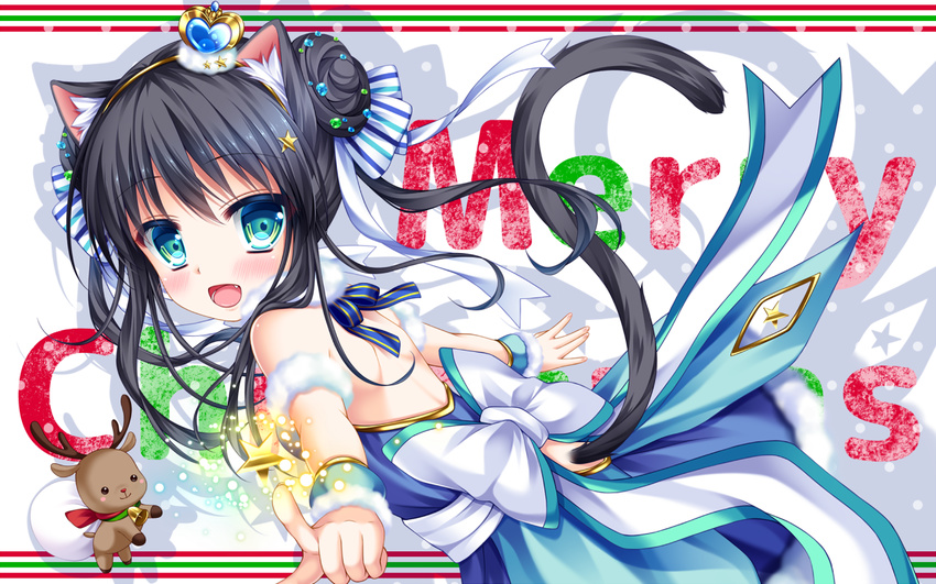 animal_ears bell black_hair blush bow catgirl christmas dress long_hair original shitou stars tail