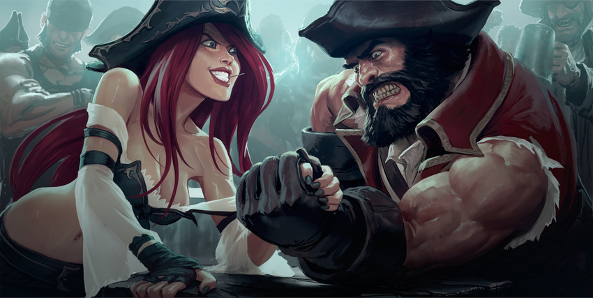 arm_wrestling bandana bandolier bare_shoulders beard beer_mug belt belt_buckle biceps bikini_top black_bikini_top black_hat black_nails black_skirt bow breasts brown_gloves buckle cleavage clenched_teeth collarbone commentary crossed_arms cup detached_sleeves elbow_gloves eyeliner eyepatch eyeshadow facial_hair fingernails gangplank gloves green_eyes grin groin hat highres holding holding_cup jason_chan large_breasts league_of_legends lipstick long_fingernails long_hair looking_at_viewer makeup manly microskirt midriff mug multiple_boys muscle mustache nail_polish navel nose off_shoulder pants pantyhose pirate pirate_hat red_hair red_lips red_lipstick sarah_fortune shirt skirt sleeveless sleeveless_shirt smile stomach tank_top teeth tight tight_pants toothpick upper_body very_long_hair