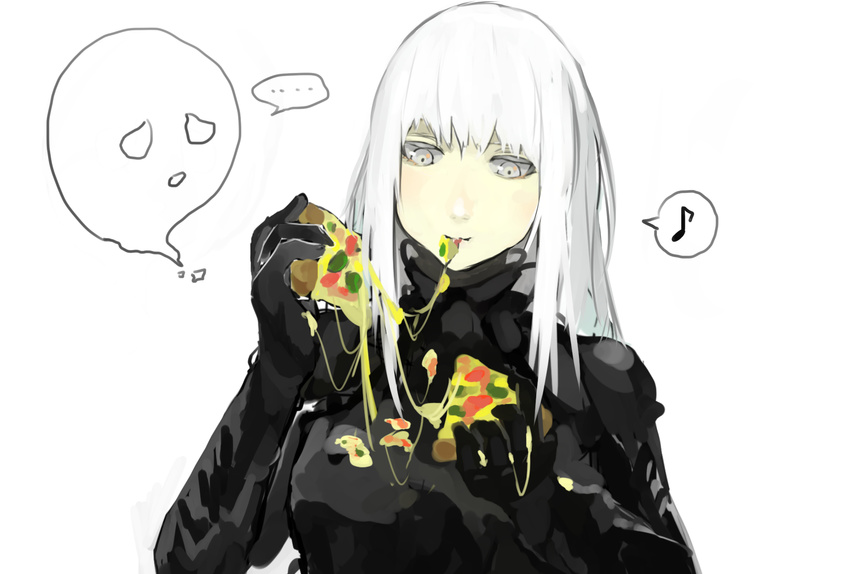 1girl bad_id bad_pixiv_id blame! bodysuit cheese_trail cibo eating eighth_note food food_on_clothes highres holding_pizza iko musical_note orihika pizza silver_eyes silver_hair simple_background slice_of_pizza speech_bubble spoken_ellipsis spoken_musical_note white_background