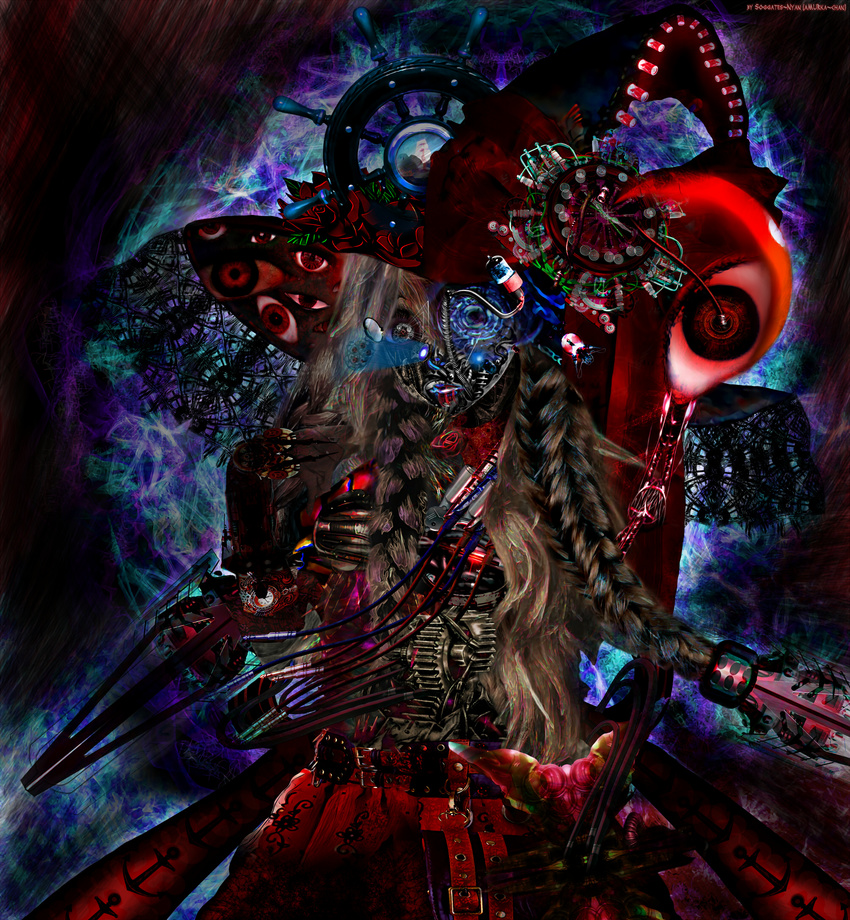abstract abstract_background anchor artist_name bag belt bow clock commentary cybernetic_eye dark dial english_commentary eyes flower gears hat highres industrial lamp light long_hair looking_at_viewer mechanical mechanical_arms mechanization moon_(ornament) oounabara_to_wadanohara plait red_eyes rose skirt soggates-nyan_(amurka-chan) solo steampunk wadanohara wire witch witch_hat
