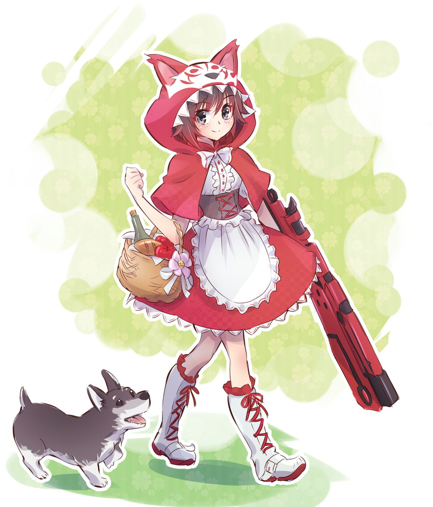 animal basket boots cosplay crescent_rose cross-laced_footwear eyebrows_visible_through_hair full_body gun highres hood iesupa knee_boots lace-up_boots little_red_riding_hood little_red_riding_hood_(grimm) little_red_riding_hood_(grimm)_(cosplay) picnic_basket ruby_rose rwby solo weapon welsh_corgi white_footwear zwei_(rwby)