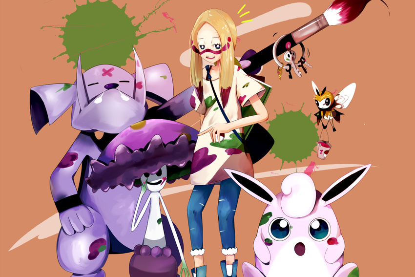 1girl :d bag bangs bare_shoulders blonde_hair blue_pants bright_pupils bulldog carrying collarbone dog eyelashes facepaint gen_1_pokemon gen_2_pokemon gen_6_pokemon gen_7_pokemon granbull half-closed_eyes holding holding_poke_ball key klefki lavender_eyes long_hair looking_at_viewer matsurika_(pokemon) mosu_(mos_ooo) mushroom notebook off_shoulder open_mouth orange_background oversized_clothes oversized_shirt paint paint_splatter paintbrush pants poke_ball pokemon pokemon_(creature) pokemon_(game) pokemon_sm ribombee shiinotic shirt short_sleeves smile standing teeth torn_clothes torn_pants trial_captain white_shirt wigglytuff