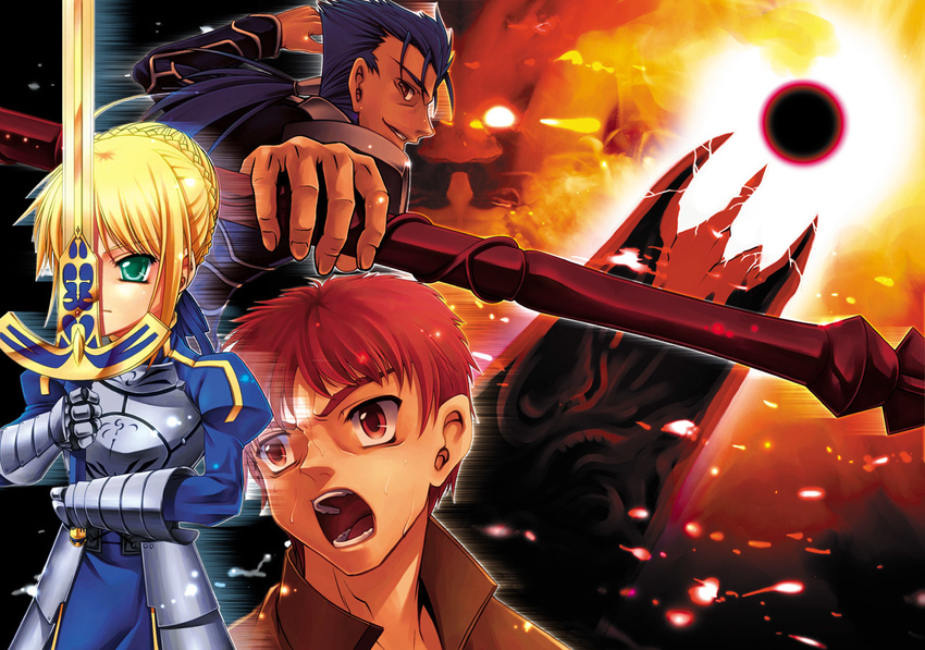 2boys armor artoria_pendragon_(all) bad_proportions blonde_hair blue_dress blue_hair breastplate dress emiya_shirou fate/stay_night fate_(series) gauntlets green_eyes holding holding_sword holding_weapon lance lancer looking_at_viewer multiple_boys polearm saber short_hair sword uraomote weapon