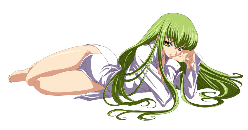 absurdres c.c. code_geass dress_shirt full_body green_hair highres long_hair naked_shirt shirt solo transparent_background vector_trace yellow_eyes