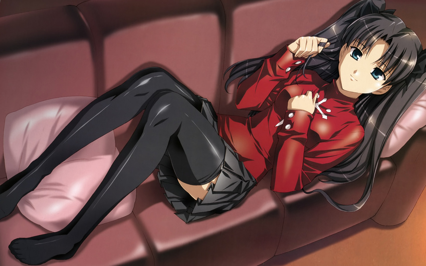 black_hair fate/stay_night green_eyes skirt thigh-highs tohsaka_rin urushihara_satoshi zettai_ryouiki