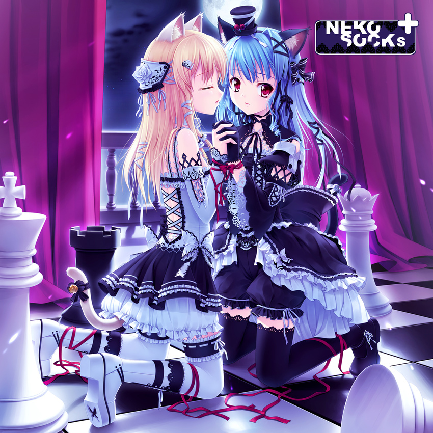 animal_ears backlighting bad_id bad_pixiv_id bell black_legwear blonde_hair bloomers blue_hair board_game cat_ears checkered chess closed_eyes frills garters gathers gloves gothic_lolita hair_ornament hair_ribbon hat highres holding_hands icqoo jingle_bell kneeling lace lace-trimmed_thighhighs lolita_fashion long_hair mini_hat mini_top_hat moon multiple_girls original red_eyes ribbon sayori shoes slit_pupils tail tail_bell tail_ribbon thighhighs top_hat underwear white_legwear