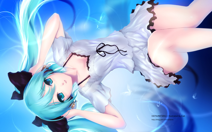 aqua_eyes aqua_hair artist_name bangs bare_arms black_bra black_ribbon blouse blue_background bra bra_strap breasts cait character_name dress feet_out_of_frame hair_between_eyes hair_ribbon hand_on_headphones hatsune_miku headphones highres knee_up lace long_hair looking_at_viewer lying medium_breasts miniskirt on_back parted_lips ribbon ripples short_sleeves sideways skirt skirt_set smile solo twintails underwear vocaloid wallpaper water watermark web_address white_blouse white_skirt world_is_mine_(vocaloid)