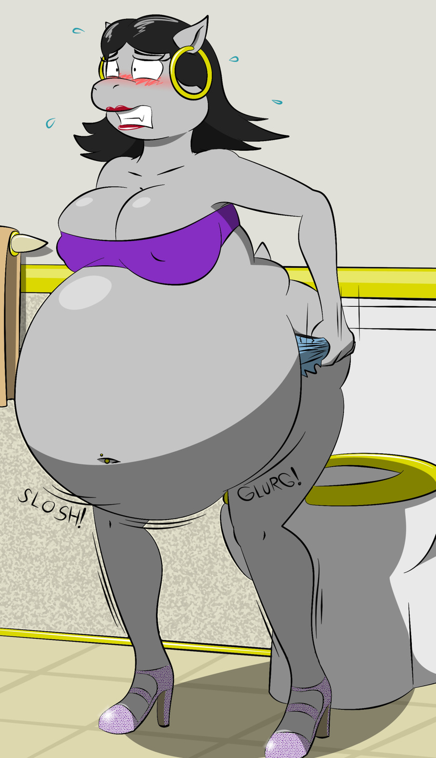 americananomaly_(artist) anthro big_breasts blush breasts cleavage clothed clothing female hippopotamus looking_at_viewer mammal overweight potty_time skimpy solo