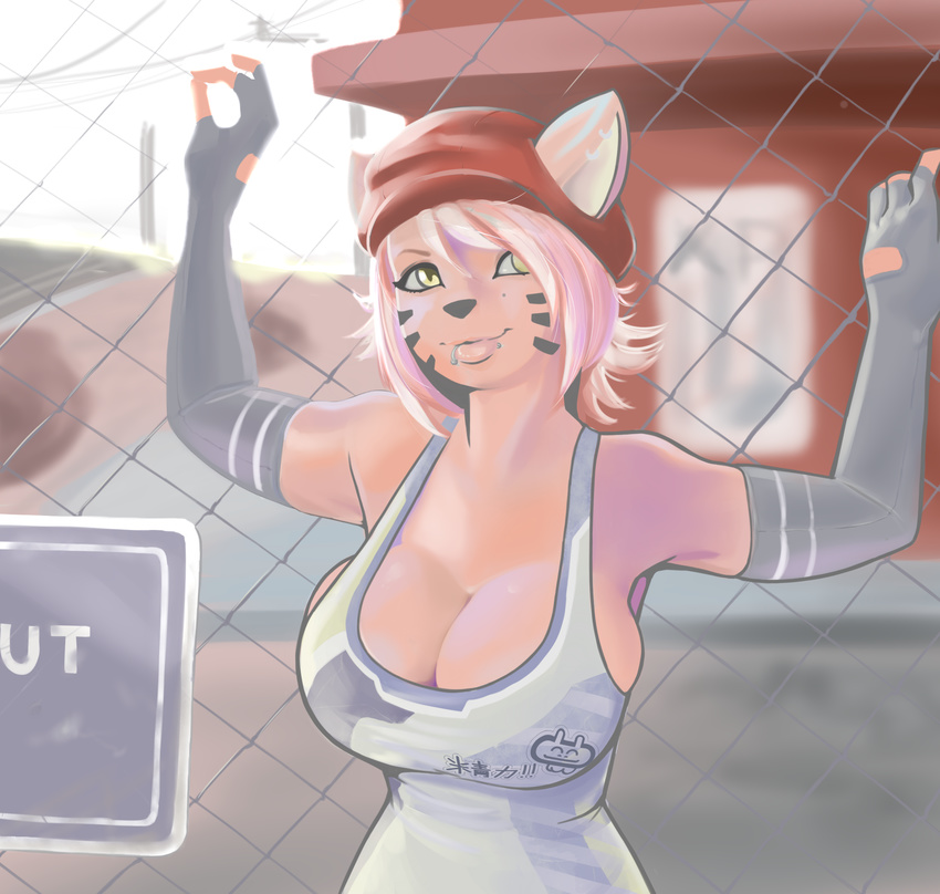 2015 anthro big_breasts breasts cat cleavage clothed clothing conditional_dnp elbow_gloves facial_piercing feline female gloves hi_res huge_breasts lip_piercing mammal piercing shirt smile solo tank_top xopachi