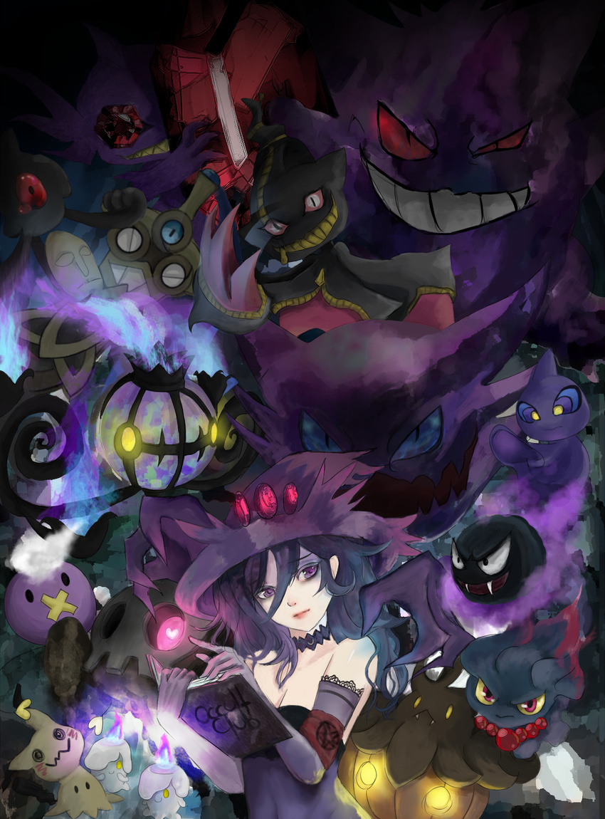 armband banette bare_shoulders book breasts chandelure choker cleavage closed_mouth cosplay crossover dark drifloon duskull elbow_gloves emblem english eyebrows_visible_through_hair fire flame gastly gen_1_pokemon gen_2_pokemon gen_3_pokemon gen_4_pokemon gen_5_pokemon gen_6_pokemon gen_7_pokemon gengar ghost gloves glowing glowing_eye grimoire hat haunter heart highres holding holding_book honedge lace lace-trimmed_gloves litwick looking_at_viewer medium_breasts mimikyu misdreavus mismagius mismagius_(cosplay) oka_ruto_(yandere_simulator) open_book pentagram pokemon pokemon_(creature) pumpkaboo purple_eyes purple_gloves purple_hair purple_hat red_lips sableye shuppet smile upper_body valeera witch_hat yamask yandere_simulator