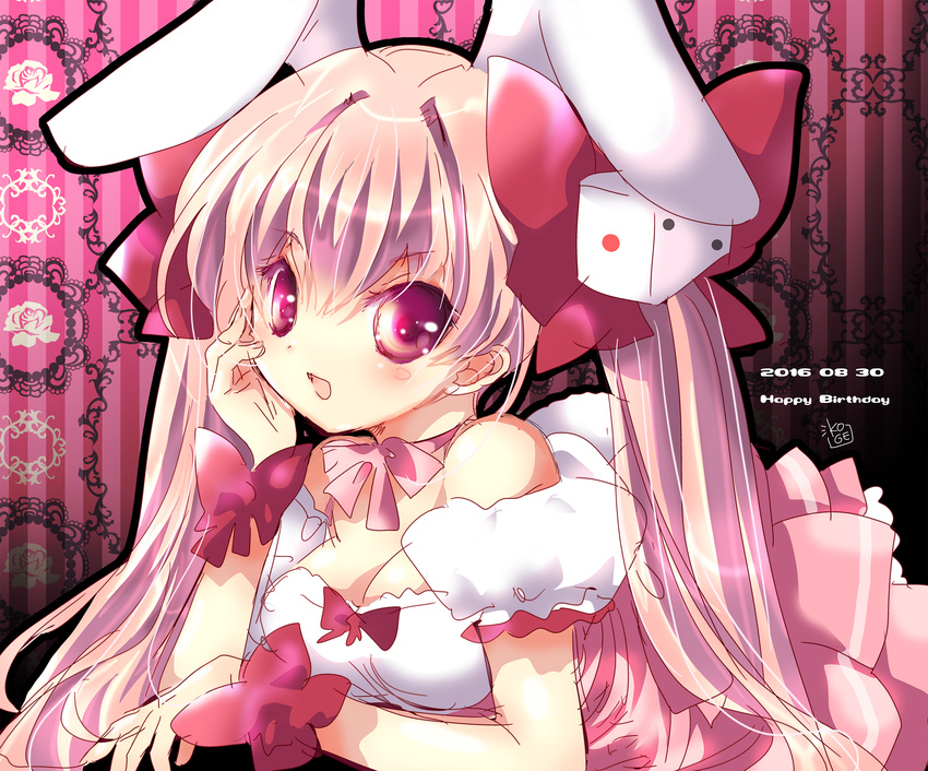 2016 animal_ears bare_shoulders blush bow breasts bunny_ears choker cleavage dated di_gi_charat dice dice_hair_ornament dress hair_bow hair_ornament happy_birthday highres koge_donbo large_breasts long_hair official_art open_mouth pink_hair red_eyes ribbon smile solo twintails usada_hikaru