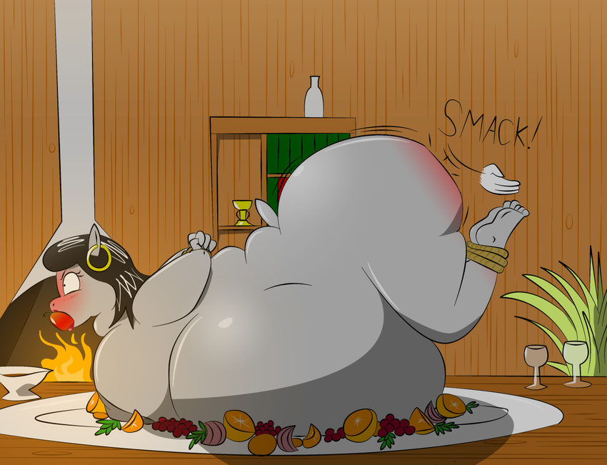 americananomaly_(artist) anthro big_breasts big_butt breasts butt female hippopotamus holidays huge_butt looking_at_viewer mammal nipples nude overweight solo spanking thanksgiving