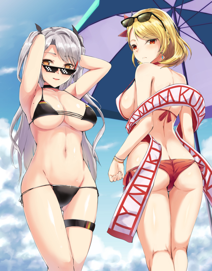 2girls armpits arms_behind_head arms_up ass azur_lane back bangs bikini black-framed_eyewear black_bikini black_choker black_ribbon blonde_hair blue_sky bondo_(borndragon) bracelet braid breasts brown_eyes butt_crack choker cleavage closed_mouth cloud cloudy_sky day deal_with_it earrings eyebrows_visible_through_hair eyewear_on_head flag_print french_braid from_behind frown german_flag gluteal_fold groin hair_ribbon highres jewelry kneepits large_breasts legs long_hair looking_at_viewer looking_back mole mole_on_breast multiple_girls navel outdoors parted_lips prince_of_wales_(azur_lane) prinz_eugen_(azur_lane) red_bikini red_eyes red_shawl ribbon shawl short_hair sideboob silver_hair sky smile standing sunglasses swimsuit thigh_gap thigh_strap two_side_up underboob