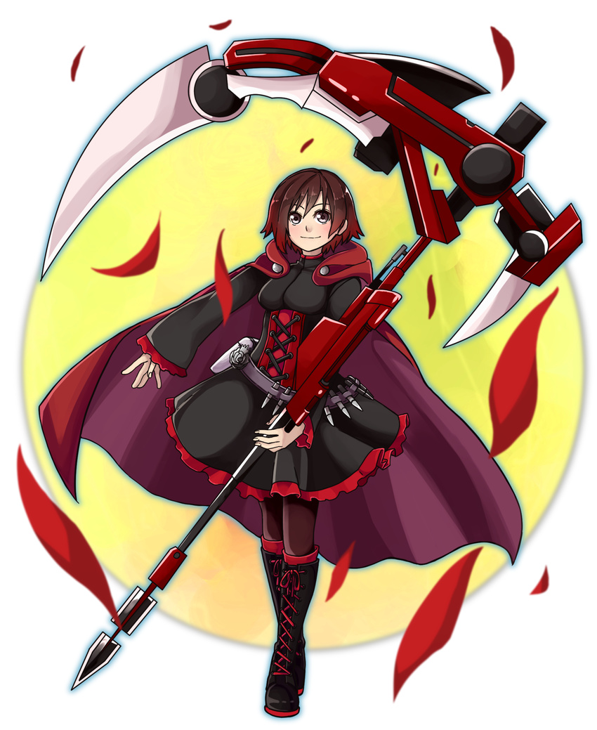 1girl black_hair boots cape crescent_rose gothic_lolita lolita_fashion pantyhose red_cape ruby_rose rwby scythe short_hair sliver_eyes smile solo