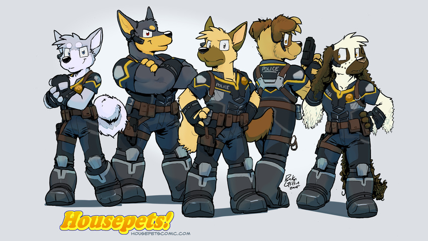 anthro boots canine clothing cocker_spaniel crossed_arms doberman dog earpiece fido_(housepets!) fingerless_gloves footwear fox_(housepets!) front_view german_shepherd gloves grin group gun handgun holding_object holding_weapon housepets! husky kevin_(housepets!) lineup mammal police_officer ralph_(housepets!) ranged_weapon rear_view rick_griffin signature standing terrance_(housepets!) uniform weapon