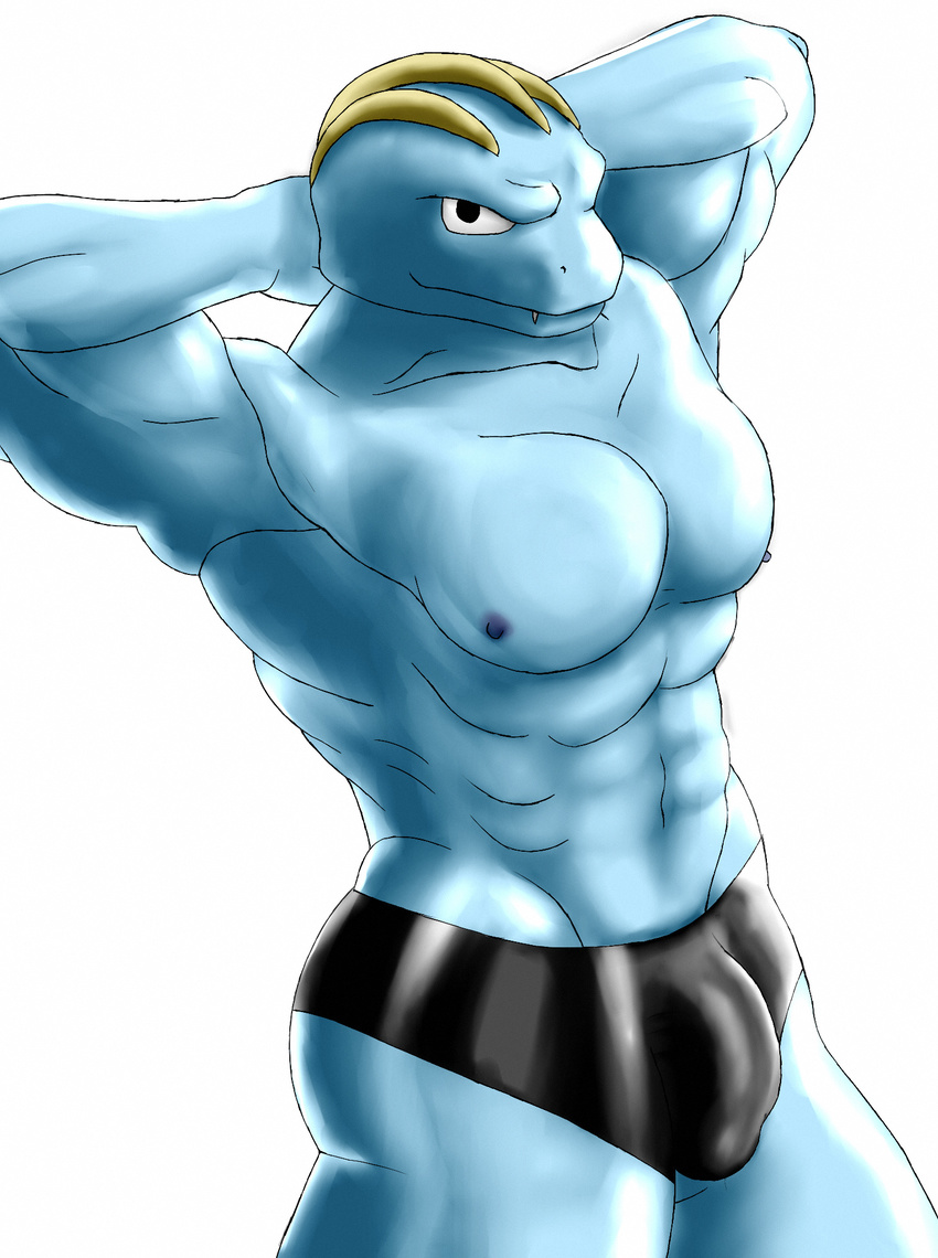 2016 anthro armpits biceps clothing digital_media_(artwork) hi_res humanoid looking_at_viewer machoke male mocri muscular muscular_male nintendo nipples pecs pok&eacute;mon rubber simple_background smile solo underwear video_games white_background