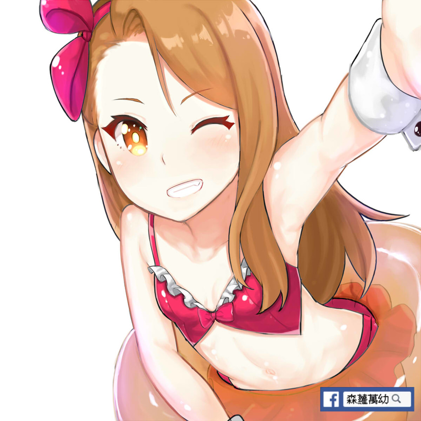 armpits atg_(wttoo0202) bangs bikini bikini_skirt breasts brown_eyes brown_hair collarbone eyebrows_visible_through_hair facebook frilled_bikini frills from_above front-tie_bikini front-tie_top grin hair_ribbon hairband halter_top halterneck highres holding idolmaster idolmaster_(classic) innertube lips long_hair minase_iori navel one_eye_closed reaching_out red_bikini red_ribbon ribbon search_bar see-through self_shot simple_background small_breasts smile solo stomach swept_bangs swimsuit upper_body white_background