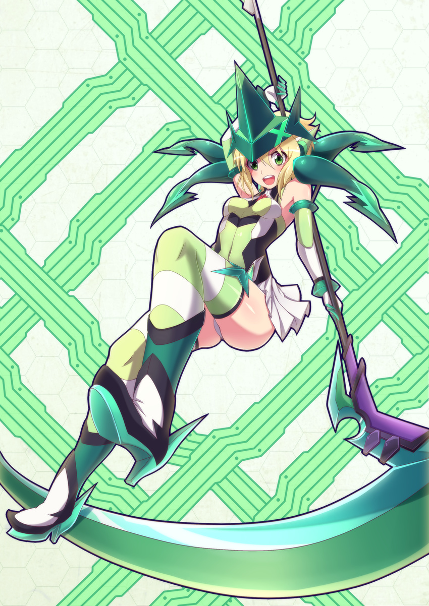 akatsuki_kirika arm_up blonde_hair blush bodysuit breasts covered_navel elbow_gloves full_body gloves green_eyes hair_ornament headgear high_heels highres leg_up looking_at_viewer medium_breasts open_mouth scythe senki_zesshou_symphogear shiny shiny_clothes shiny_hair shiny_skin short_hair skin_tight skirt smile solo striped striped_legwear teeth thighhighs upskirt weapon zeolch