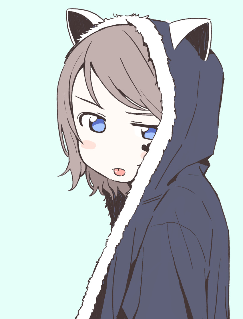 :p animal_hood aqua_background blue_background blue_eyes blush_stickers brown_hair cat_hood facial_mark from_side gamjolno grey_hair highres hood hoodie looking_at_viewer love_live! love_live!_sunshine!! short_hair simple_background solo tongue tongue_out upper_body v-shaped_eyebrows watanabe_you