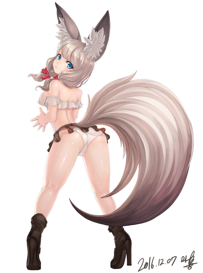 2016 animal_ear_fluff animal_ears arched_back artist_name ass bangs bare_shoulders black_skirt blade_&amp;_soul blue_eyes blush boots breasts dated eyebrows_visible_through_hair fox_ears fox_girl fox_tail frilled_skirt frills from_behind full_body hair_ribbon high_heel_boots high_heels highres large_tail looking_back low_twintails lyn_(blade_&amp;_soul) medium_breasts mhg_(hellma) own_hands_together panties red_ribbon ribbon shiny shiny_skin sideboob signature silver_hair simple_background skirt solo standing tail thighs twintails underwear wavy_hair white_background white_panties