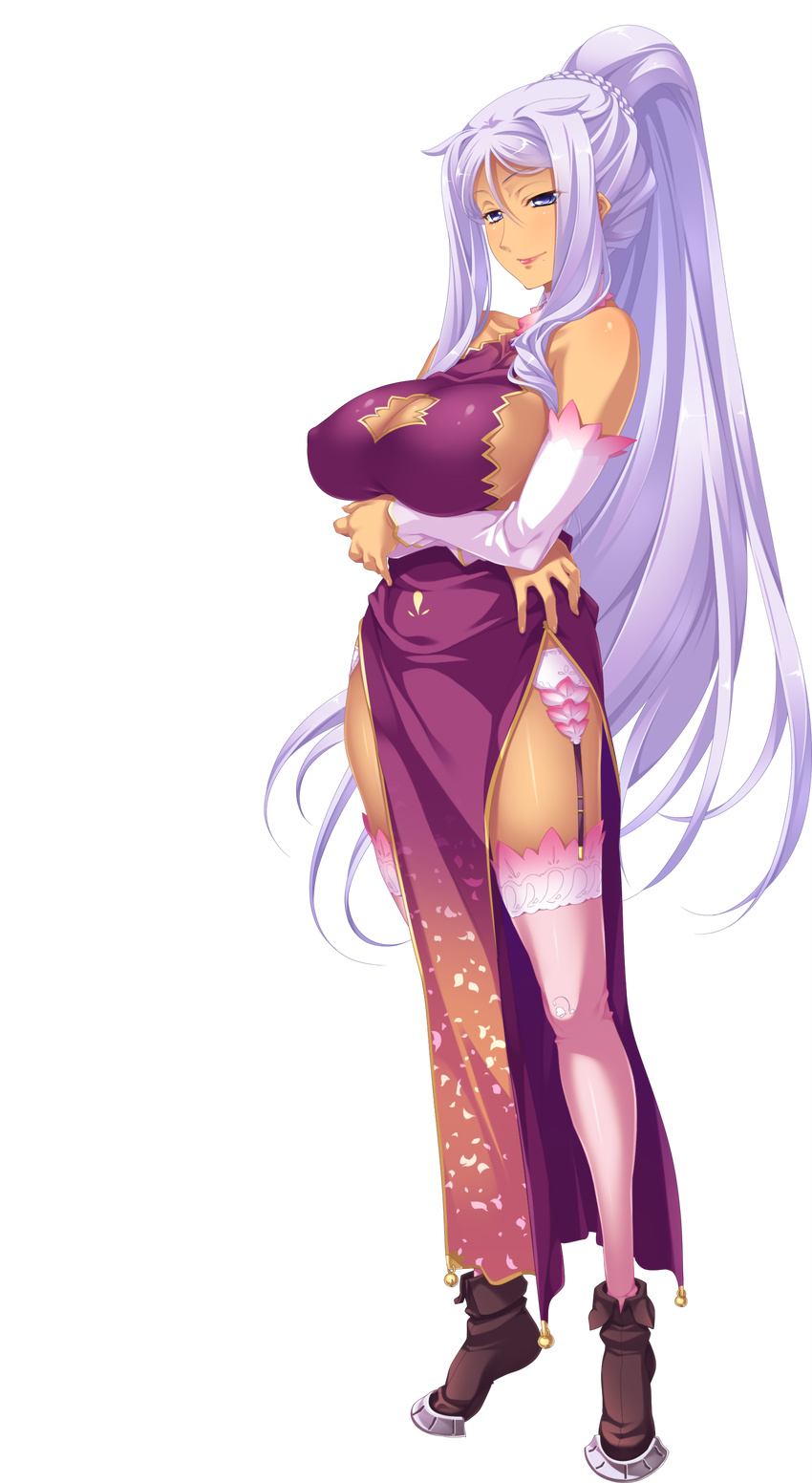 absurdres bare_shoulders blue_eyes boots breasts china_dress chinese_clothes crossed_arms dark_skin detached_sleeves dress full_body garter_belt highres hikage_eiji koihime_musou kougai large_breasts lavender_hair lipstick long_hair looking_at_viewer makeup mole mole_under_mouth official_art ponytail smile solo standing thighhighs transparent_background very_long_hair