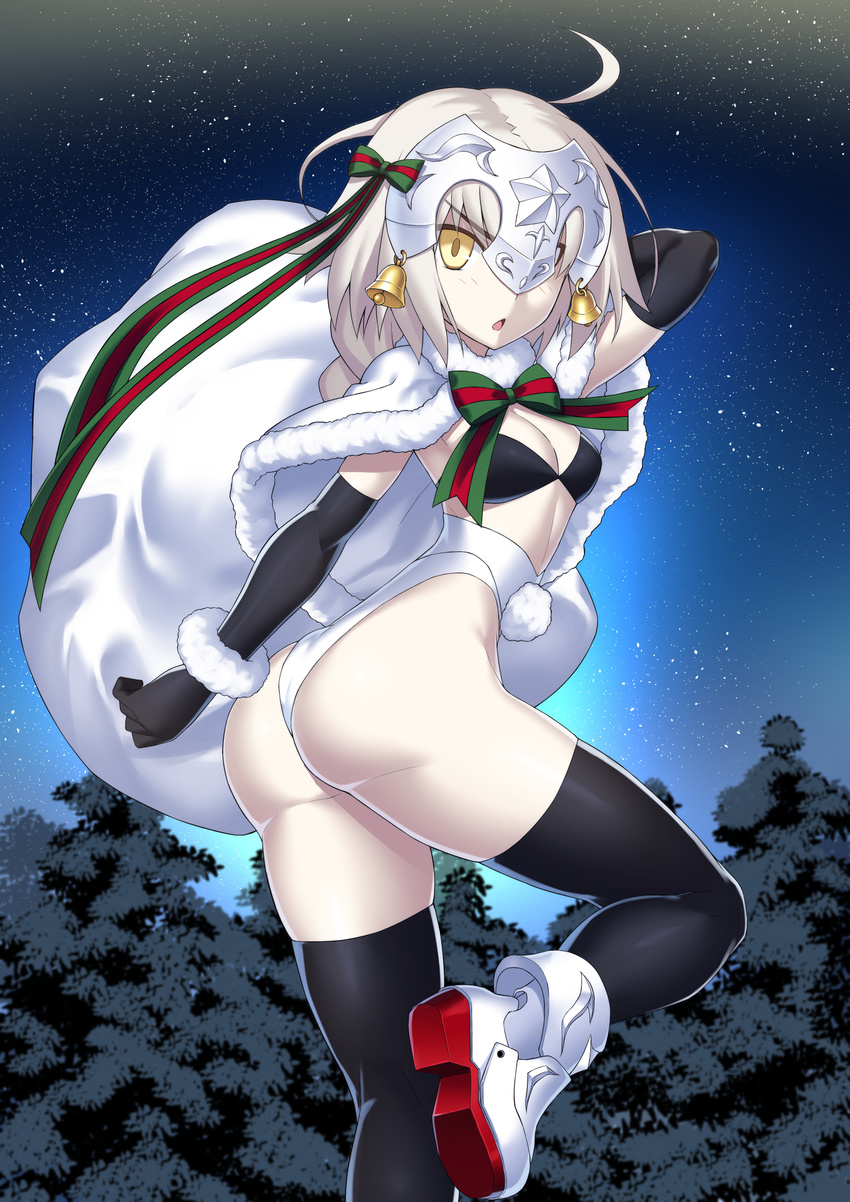 1girl ass black_bra black_legwear blush bnc_(bunshi) boots bra capelet fate/grand_order fate_(series) fur_trim gift green_ribbon hair_ribbon headpiece highres huge_ass jeanne_alter jeanne_alter_(santa_lily)_(fate) legs_together long_hair looking_back night night_sky petite red_ribbon ribbon ruler_(fate/apocrypha) sack silver_hair sky solo star_(sky) starry_sky striped striped_ribbon thighhighs thighs underwear yellow_eyes