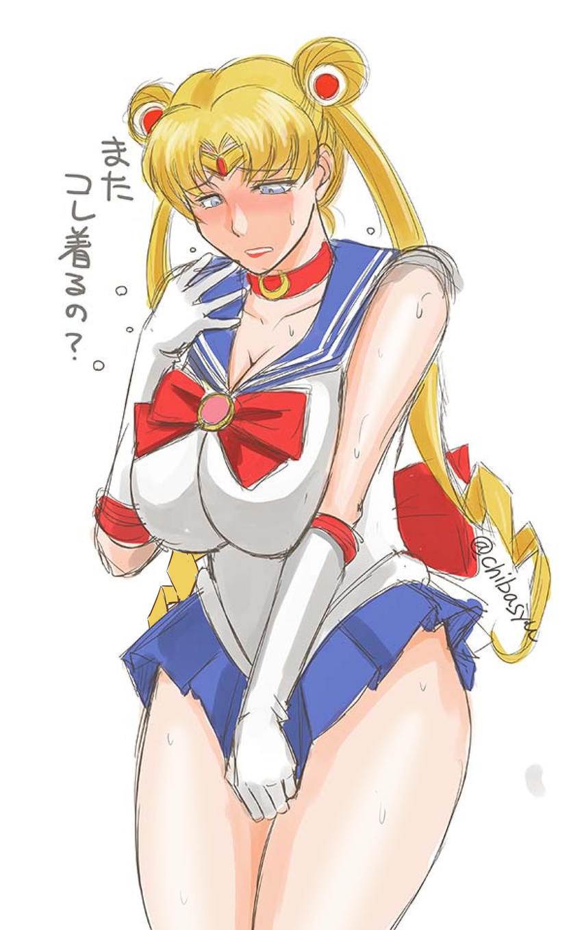bishoujo_senshi_sailor_moon blush breasts chiba_shuusaku choker cleavage commentary_request cowboy_shot double_bun drill_hair elbow_gloves gloves hand_up highres jpeg_artifacts large_breasts lavender_eyes looking_down microskirt nose_blush older sailor_moon sketch skirt skirt_pull sleeveless solo sweat sweatdrop thighs tiara translated trembling tsukino_usagi twintails twitter_username white_gloves