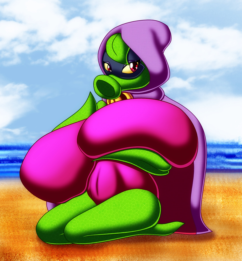 beach big_breasts breasts chaossabre clothing female flora_fauna green_shadow_(plants_vs_zombies) hood huge_breasts hyper hyper_breasts mask plant plants_vs_zombies purple_eyes seaside solo swimsuit