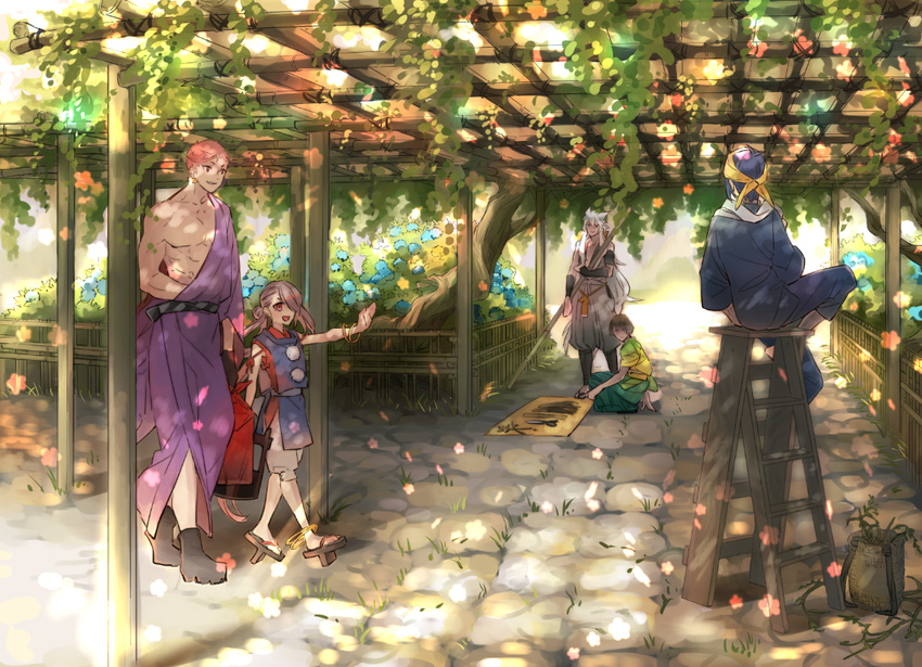 anklet arm_up asymmetrical_clothes bad_id bad_pixiv_id bandana bangle basket blue_hair boots bracelet brown_hair bush earrings flower garden gardening geta grey_hair hair_over_one_eye hakama hydrangea ima-no-tsurugi ishikirimaru iwatooshi japanese_clothes jewelry kimono kogitsunemaru long_hair male_focus mikazuki_munechika multiple_boys muscle no_socks on_ground open_mouth orange_hair outdoors outstretched_arm pectorals plant pom_pom_(clothes) red_eyes sandals shade sitting sitting_on_object sleeves_rolled_up smile staff standing stepladder tabi tobacco_(tabakokobata) touken_ranbu tree trellis very_long_hair walking white_hair