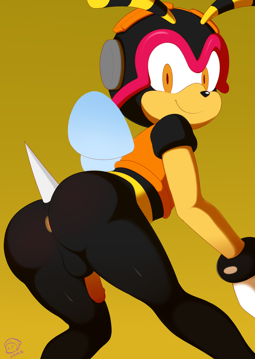 antennae anthro anus armor arthropod balls bee butt charmy_bee clothed clothing erection headgear helmet insect jamz looking_at_viewer looking_back male penis presenting presenting_hindquarters shirt smile solo sonic_(series) stinger uncut video_games wings