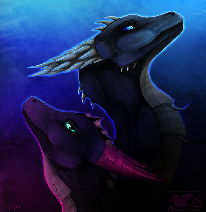 2013 blue_eyes detailed_scales dragon duo feral gradient_background green_eyes horn neytirix ridged_horn simple_background smile