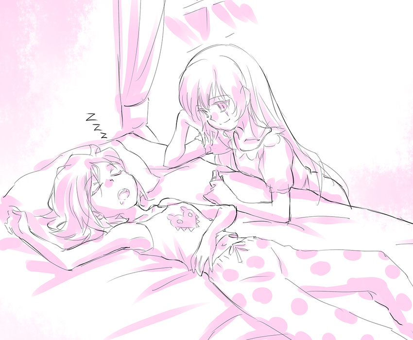 bed commentary iesupa limited_palette looking_at_another multiple_girls navel pajamas ruby_rose rwby scar sleeping weiss_schnee whistle