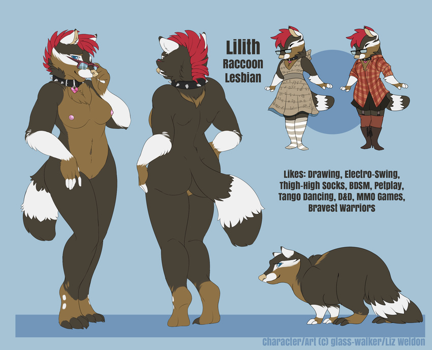 anthro collar eyewear female female/female feral glasses glasswalker lilith_(glasswalker) mammal model_sheet mohawk nipples raccoon spiked_collar spikes