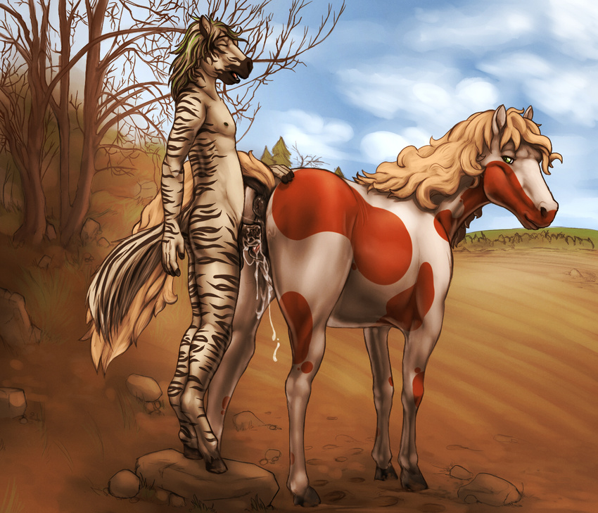 2015 5_fingers anatomically_correct anatomically_correct_anus anatomically_correct_pussy animal_genitalia animal_penis anthro anthro_on_feral anus balls bestiality blonde_hair blue_sky cloud cum cum_drip cum_in_pussy cum_inside digital_media_(artwork) dripping duo equine equine_penis eyes_closed female feral from_behind_position fur green_eyes hair hi_res hooves horse hyperfreak666 interspecies larger_female lizardlars looking_back male male/female male_on_feral mammal multicolored_fur multicolored_hair nature outside penetration penis puffy_anus pussy sex side_view size_difference sky small_dom_big_sub smaller_male standing stripes tree vaginal vaginal_penetration vein zebra