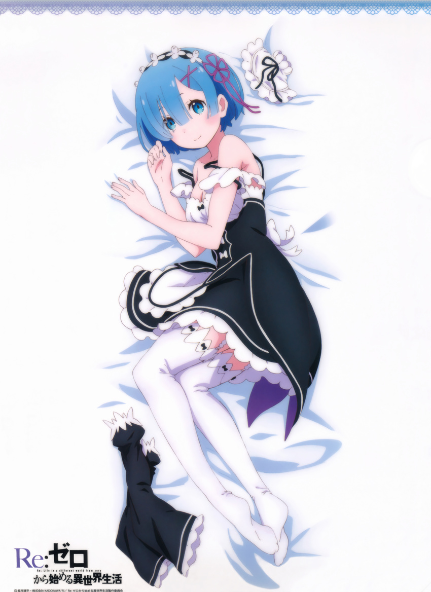 absurdres bed_sheet black_ribbon blue_hair breasts cleavage collarbone copyright_name dakimakura detached_collar detached_collar_removed detached_sleeves detached_sleeves_removed dress from_above full_body garter_straps hair_ribbon highres lace_border looking_at_viewer lying medium_breasts neck_ribbon no_shoes off_shoulder on_side purple_ribbon re:zero_kara_hajimeru_isekai_seikatsu rem_(re:zero) ribbon short_hair sleeveless sleeveless_dress smile solo thighhighs white_legwear