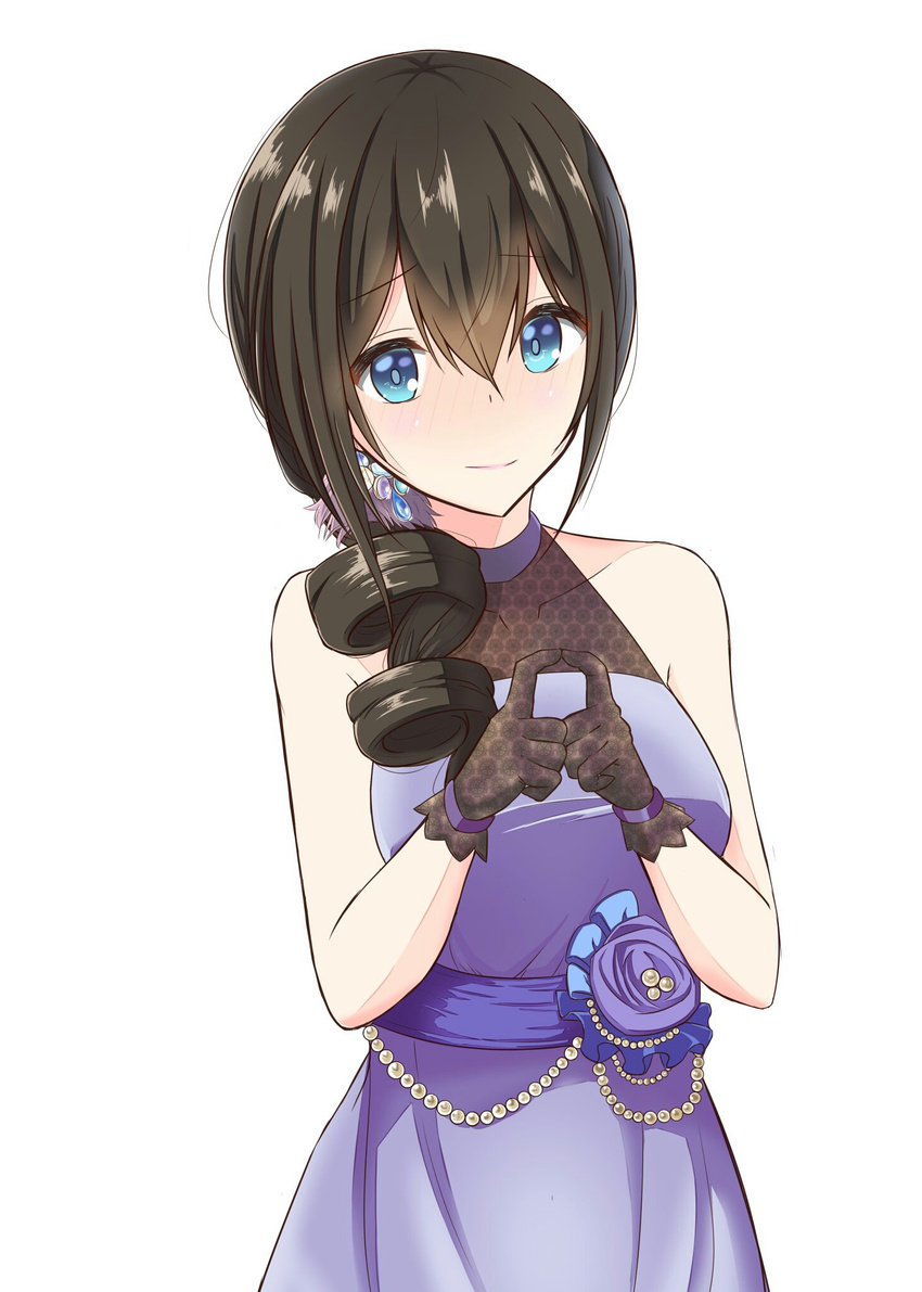 alternate_costume alternate_hairstyle black_hair blue_eyes blush dress drill_hair fingers_together flower gloves highres idolmaster idolmaster_cinderella_girls jewelry lace lace_gloves light_smile long_hair megurumiru pearl purple_dress sagisawa_fumika satin_gloves side_ponytail solo unmoving_pattern