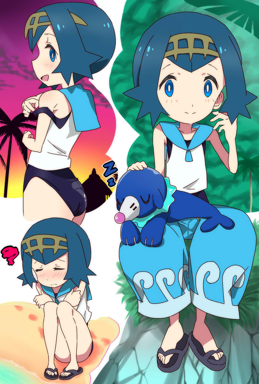 10s 1girl ass bangs blue_eyes blue_hair blunt_bangs child closed_mouth eyes_closed flat_chest full_body herukerua nintendo palm_tree plant pokemon pokemon_(game) pokemon_sm popplio profile sailor_collar sand sitting sky sleeping smile standing suiren_(pokemon) swimsuit swimsuit_under_clothes tree trial_captain