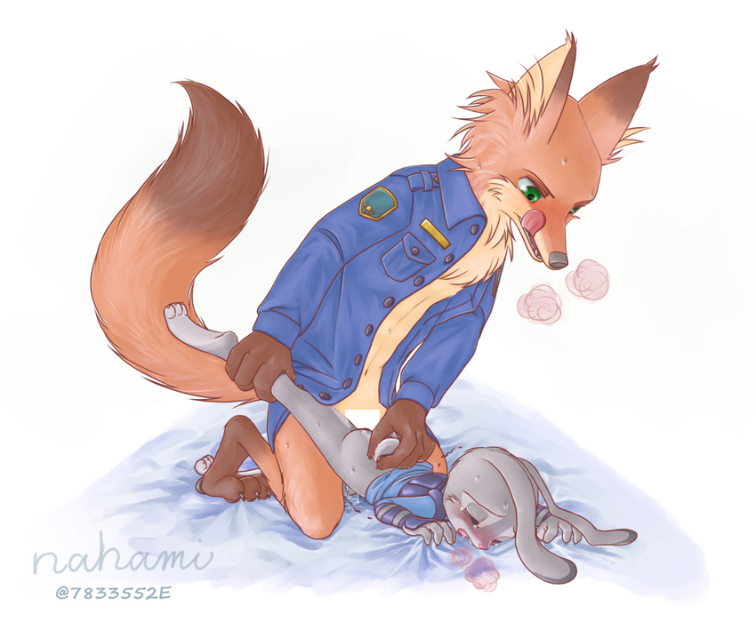 badge bed bed_sheet bedding black_fur blush buckteeth bulletproof_vest canine censored clothed clothing disney duo eyes_closed female fox fur green_eyes grey_fur half-closed_eyes inner_ear_fluff judy_hopps lagomorph long_ears male mammal nahami nick_wilde open_mouth orange_fur police_uniform predator/prey rabbit sex size_difference sweat tall teeth tongue tongue_out underwear uniform white_fur yellow_fur zootopia