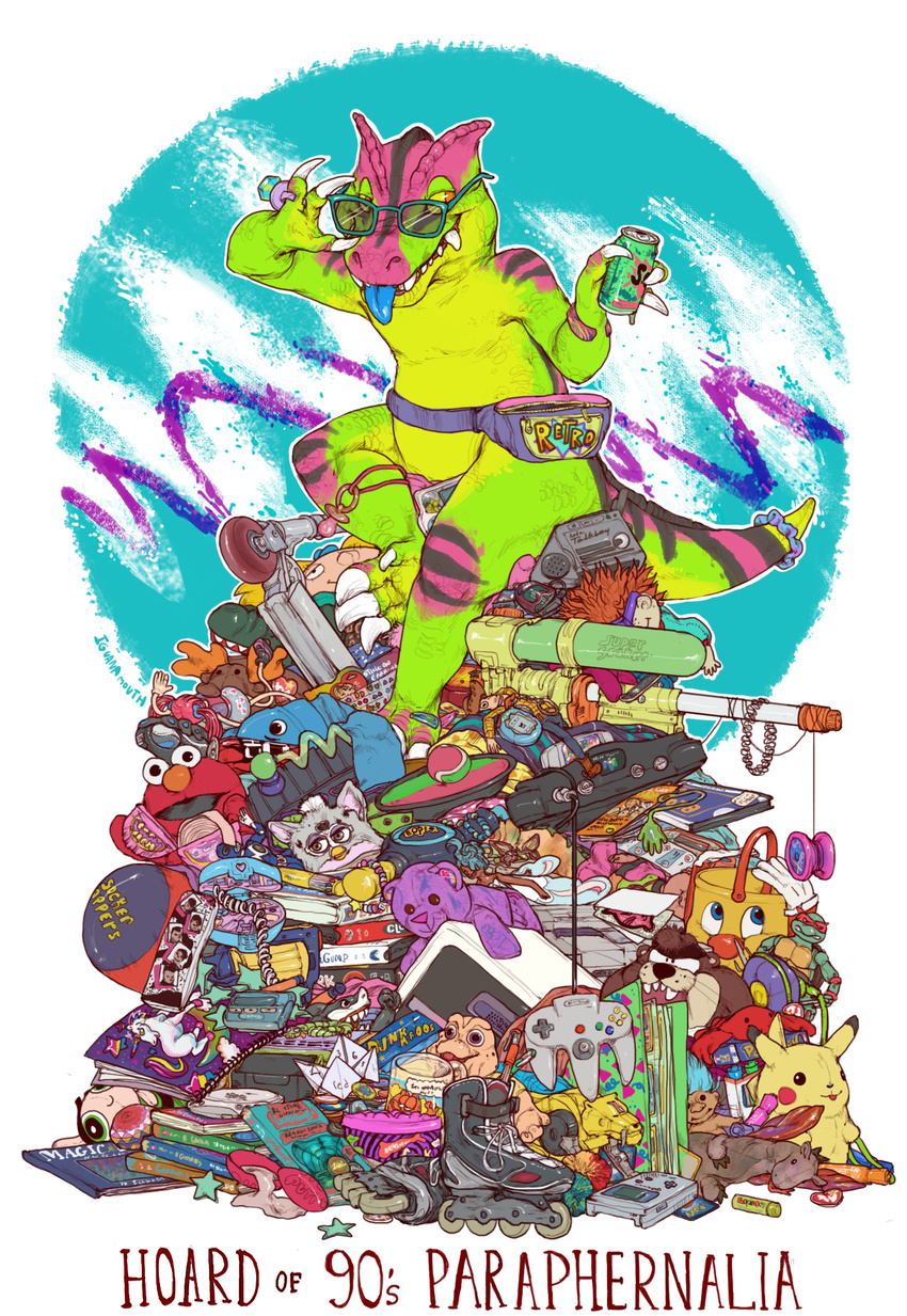 anthro controller dragon english_text featureless_crotch front_view furby hoard iguanamouth inline_skates nintendo nintendo_64 nude pikachu plushie pok&eacute;mon pose scalie signature sitting smile solo super_soaker tagme text tongue tongue_out toy video_games yo-yo