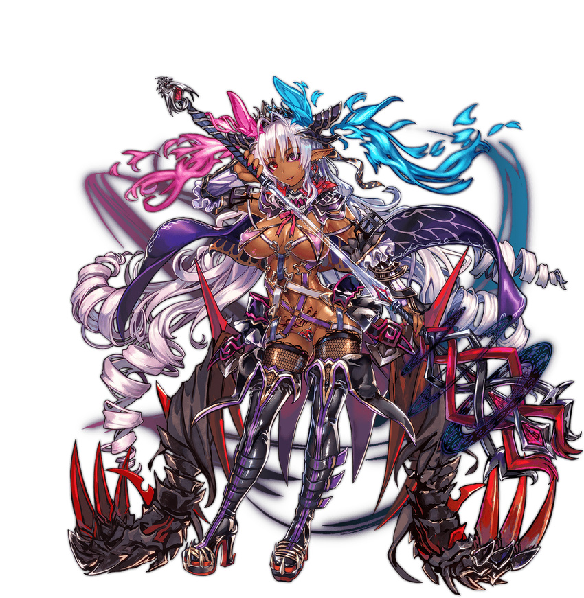 absurdly_long_hair awakening_(sennen_sensou_aigis) book boots breasts chikokuma dark_skin dorothea_(sennen_sensou_aigis) drill_hair earrings full_body headdress high_heels highres holding holding_staff jewelry large_breasts long_hair looking_at_viewer official_art pointy_ears purple_eyes red_eyes revealing_clothes sennen_sensou_aigis shiny shiny_skin solo staff stomach_tattoo tattoo thigh_boots thighhighs transparent_background very_long_hair white_hair