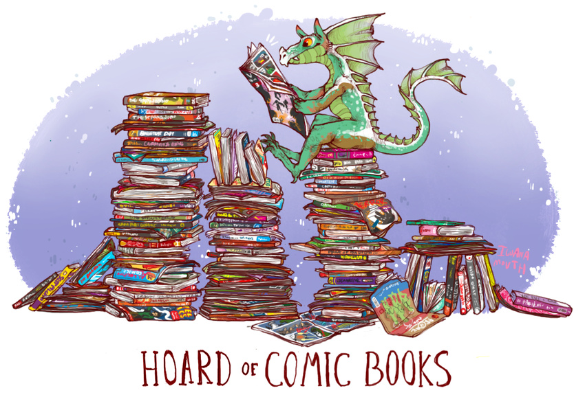 ambiguous_gender biped comic_book crest dragon english_text hoard horn iguanamouth long_tail reading scalie semi-anthro side_view signature sitting solo text