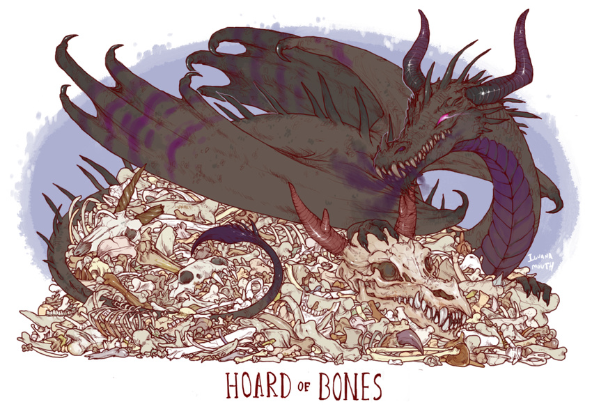 ambiguous_gender bone dragon english_text evil_face feral hoard horn iguanamouth long_neck long_tail lying membranous_wings on_front pile scalie sharp_teeth signature skull smile spines teeth text wings