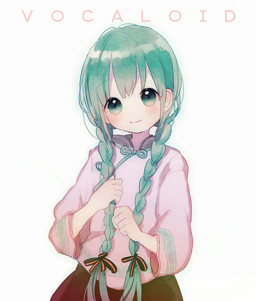 alternate_hairstyle bad_id bad_pixiv_id braid chinese_clothes closed_mouth copyright_name green_eyes green_hair hair_over_shoulder hair_ribbon hatsune_miku head_tilt highres indigopp light_smile long_hair long_sleeves looking_at_viewer ribbon simple_background skirt smile solo twin_braids twintails upper_body vocaloid white_background