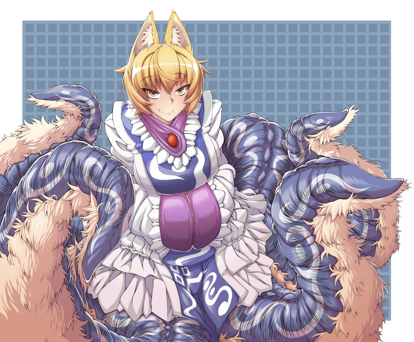 animal_ears blonde_hair breasts commentary_request dress eyebrows_visible_through_hair fox_ears frilled_shirt_collar frilled_sleeves frills hands_in_opposite_sleeves large_breasts monster_girl outside_border scylla short_hair smile solo tabard tentacles touhou white_dress yakumo_ran yellow_eyes zawa_(zawzawranran2)