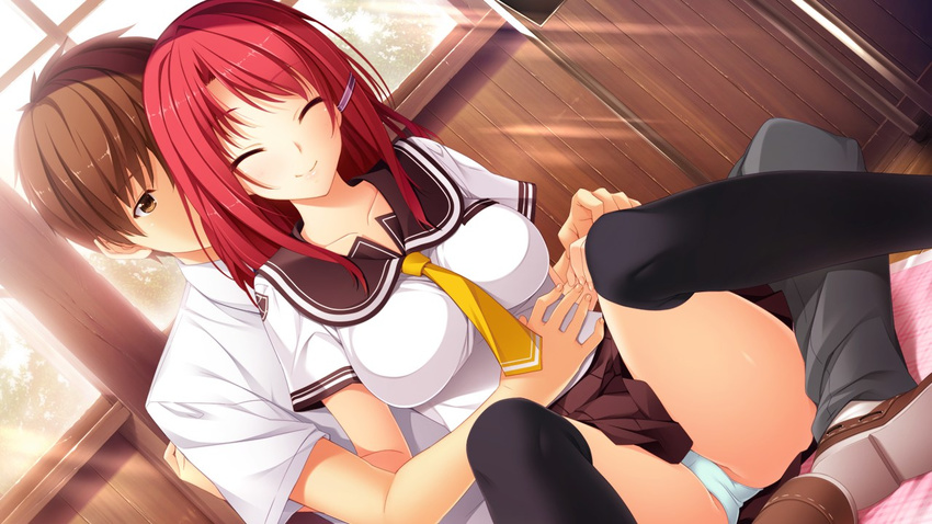 1girl arms_around_waist black_legwear blush brown_eyes brown_hair closed_eyes collarbone dutch_angle game_cg hair_ornament hino_ryousuke hoshi_ori_yume_mirai iizuki_tasuku long_hair necktie panties pantyshot pantyshot_(sitting) red_hair school_uniform short_sleeves sitting skirt smile solo_focus spread_legs thighhighs underwear yukimura_touko