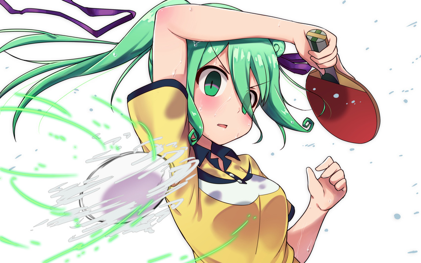 arm_up blush commentary_request empty_eyes eyebrows eyebrows_visible_through_hair futamaru_kururi green_eyes green_hair hair_between_eyes highres open_mouth paddle polo_shirt rariemonn shakunetsu_no_takkyuu_musume solo sweat table_tennis_paddle wet wet_clothes