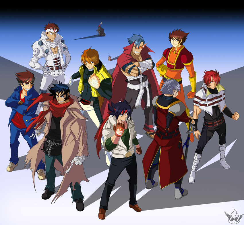 6+boys bandages belt boota boots cape chain choukou_senki_kikaiou clothes_writing crossover cyberbots domon_kasshu drill folka_albark g_gundam getter_robo gloves gundam hands_on_hips highres jacket junpei_todoroki kabuto_kouji kamina kamina_shades katana kings_of_/m/ male_focus manly mazinger_z multiple_boys multiple_crossover muscle nagare_ryoma old_man red_scarf sanger_zonvolt saotome_jin scarf shishiou_gai sideburns simon spike_wible spikes sunglasses super_robot_wars sword tengen_toppa_gurren_lagann torn_clothes trench_coat vest weapon yuusha_ou_gaogaigar yuusha_series