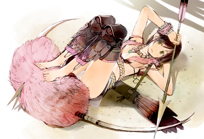 arm_pillow arrow bangs barefoot bow_(weapon) bracelet breasts brown_hair feet full_body fur_trim hand_on_own_forehead head_tilt holding_arrow jewelry knees_up looking_at_viewer lying medium_breasts monster_hunter necklace okama on_back on_ground original panties pink_lips quiver revealing_clothes shin_guards sideboob skirt solo underwear untied weapon white_panties white_skirt yellow_eyes