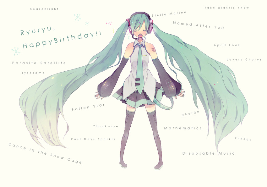 boots closed_eyes detached_sleeves english gift_art green_hair hatsune_miku long_hair music musical_note necktie singing solo tamayo thighhighs twintails very_long_hair vocaloid zettai_ryouiki